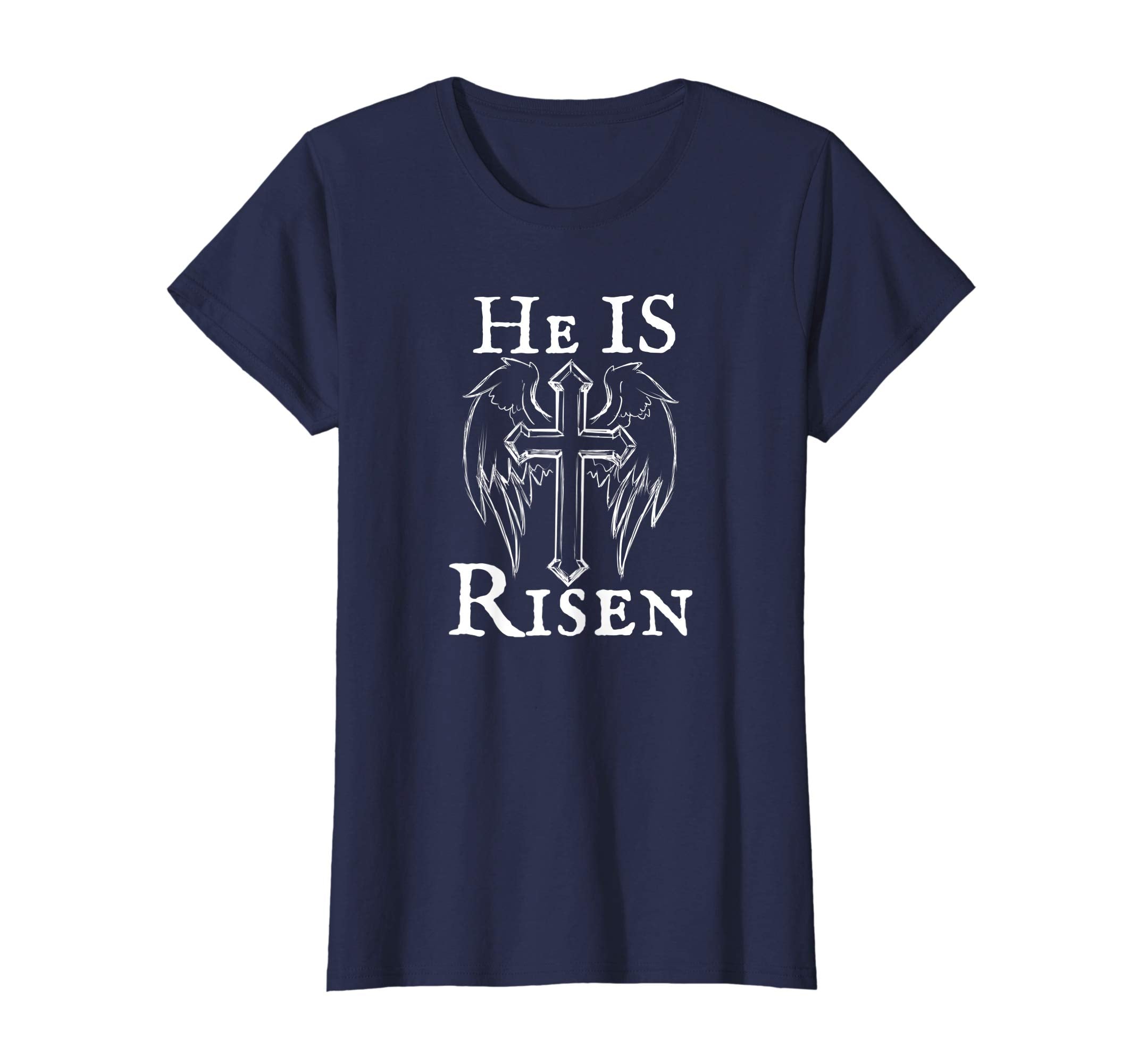 Christian Easter He Is Risen Tshirt Cross and Angel Wings