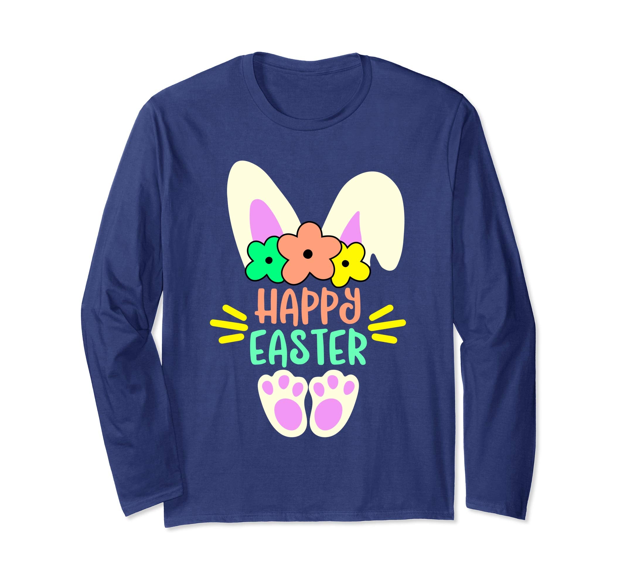 Happy Easter Bunny Rabbit Ears Paw Bow Long Sleeve Shirt