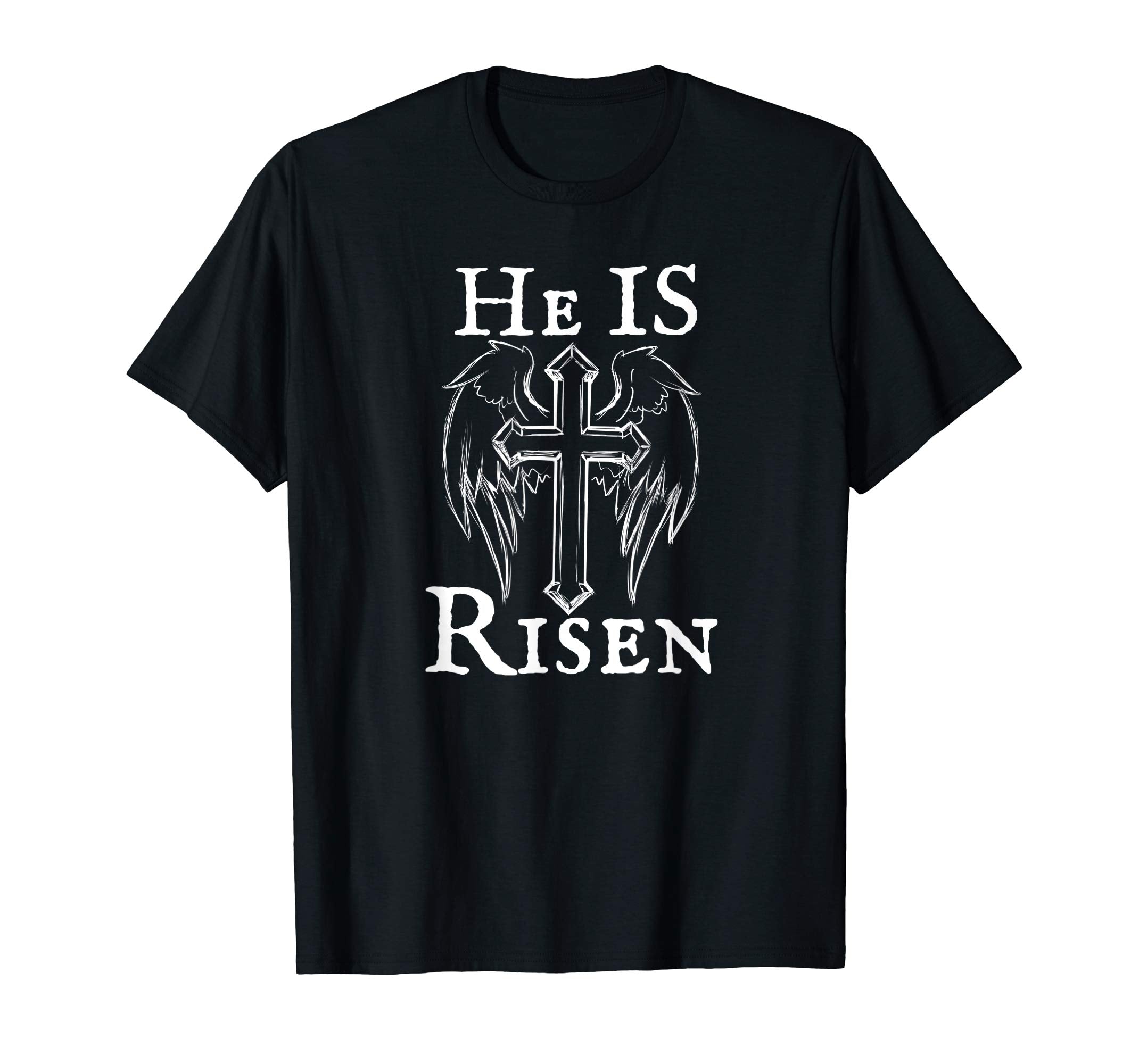 Christian Easter He Is Risen Tshirt Cross and Angel Wings