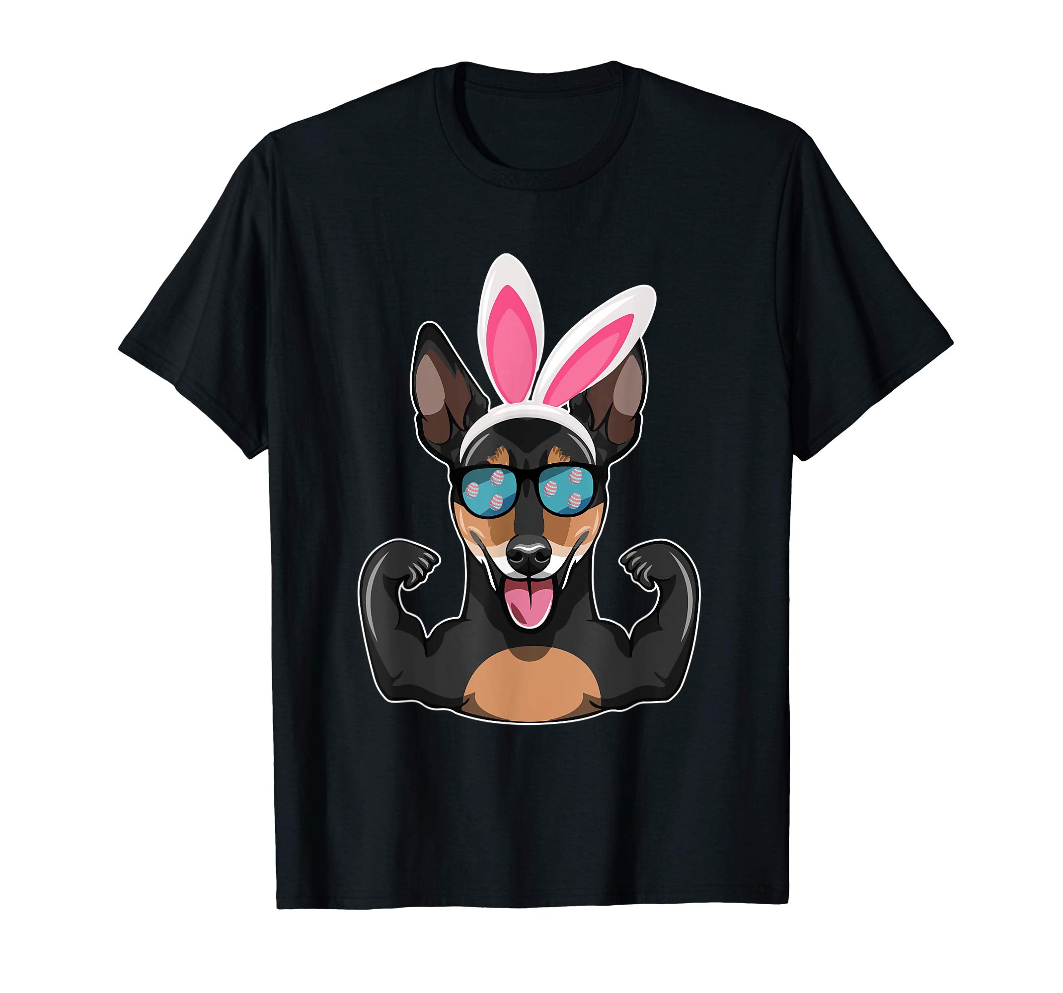Strong Miniature Pinscher With Bunny Hat Happy Easter Shirt