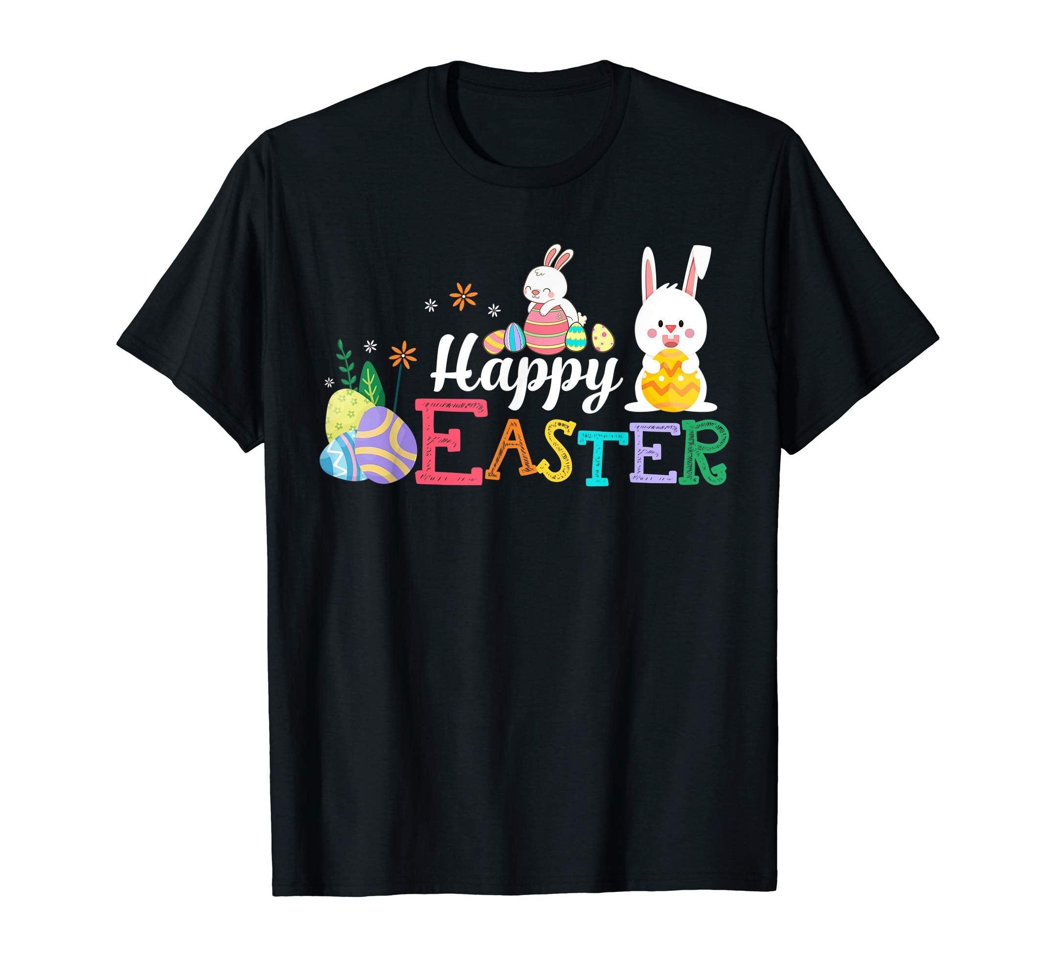 Happy Easter T-Shirt With Bunnies Flowers Eggs