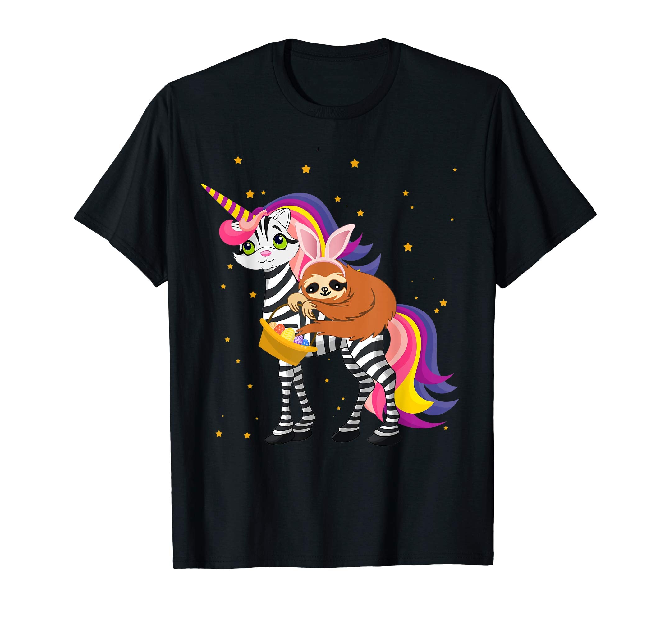 Egg Basket Easter Sloth Riding A Zebra Cat Unicorn Shirt