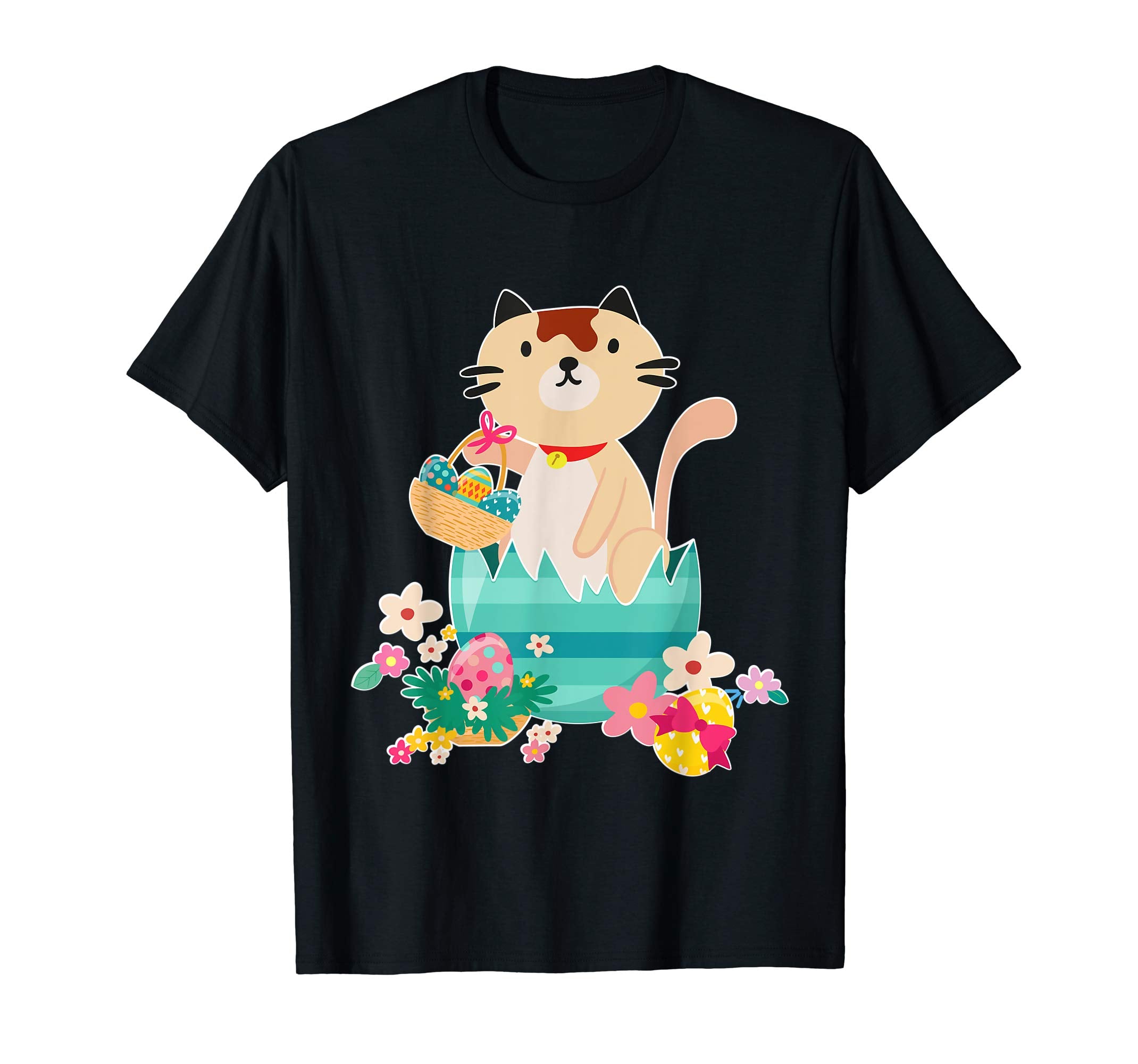Cat Opening Big Egg &amp; Easter Eggs Basket Flowers Happy Shirt