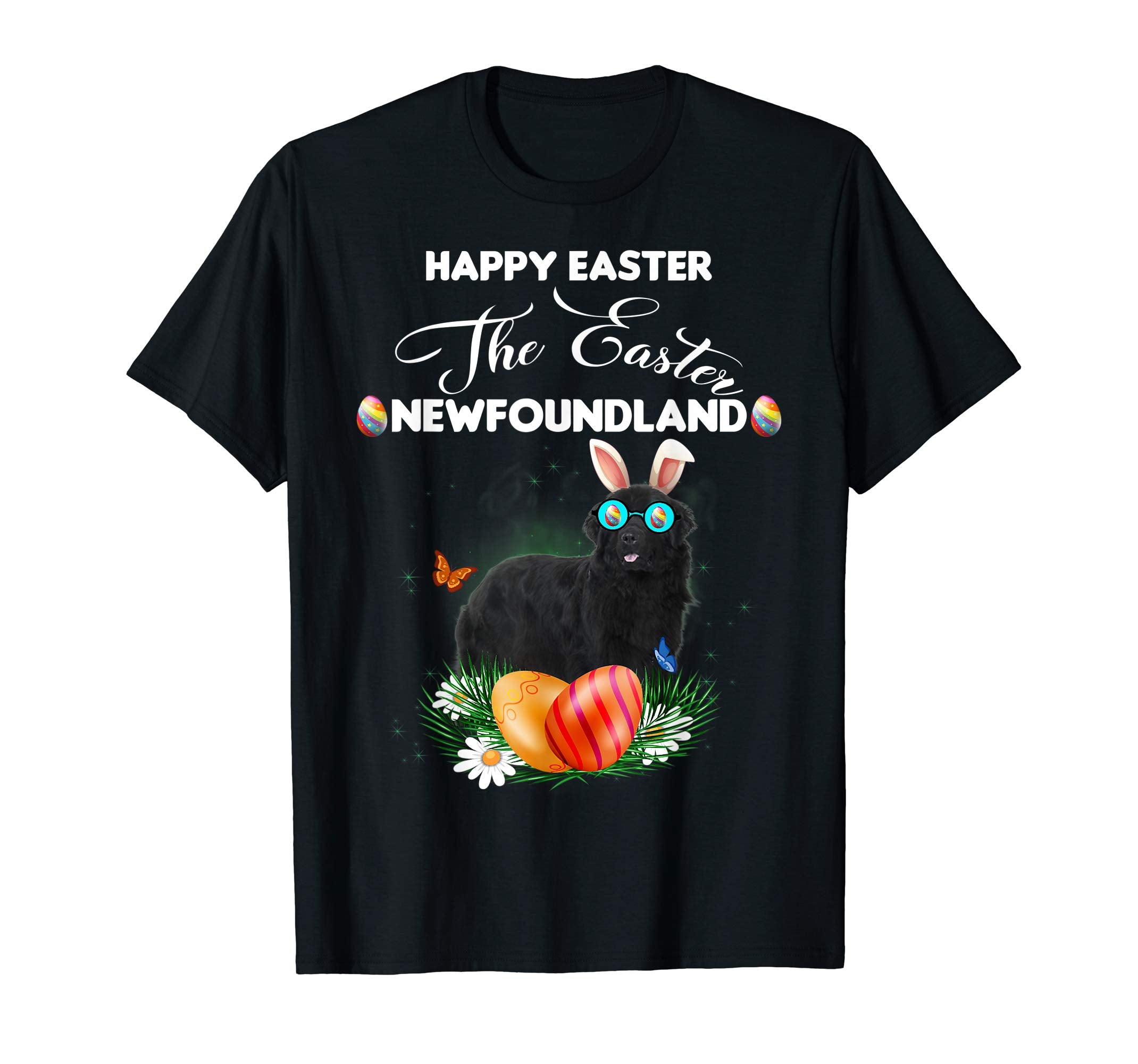 Newfoundland Dog Sunglass Bunny Happy Easter Day Tshirt