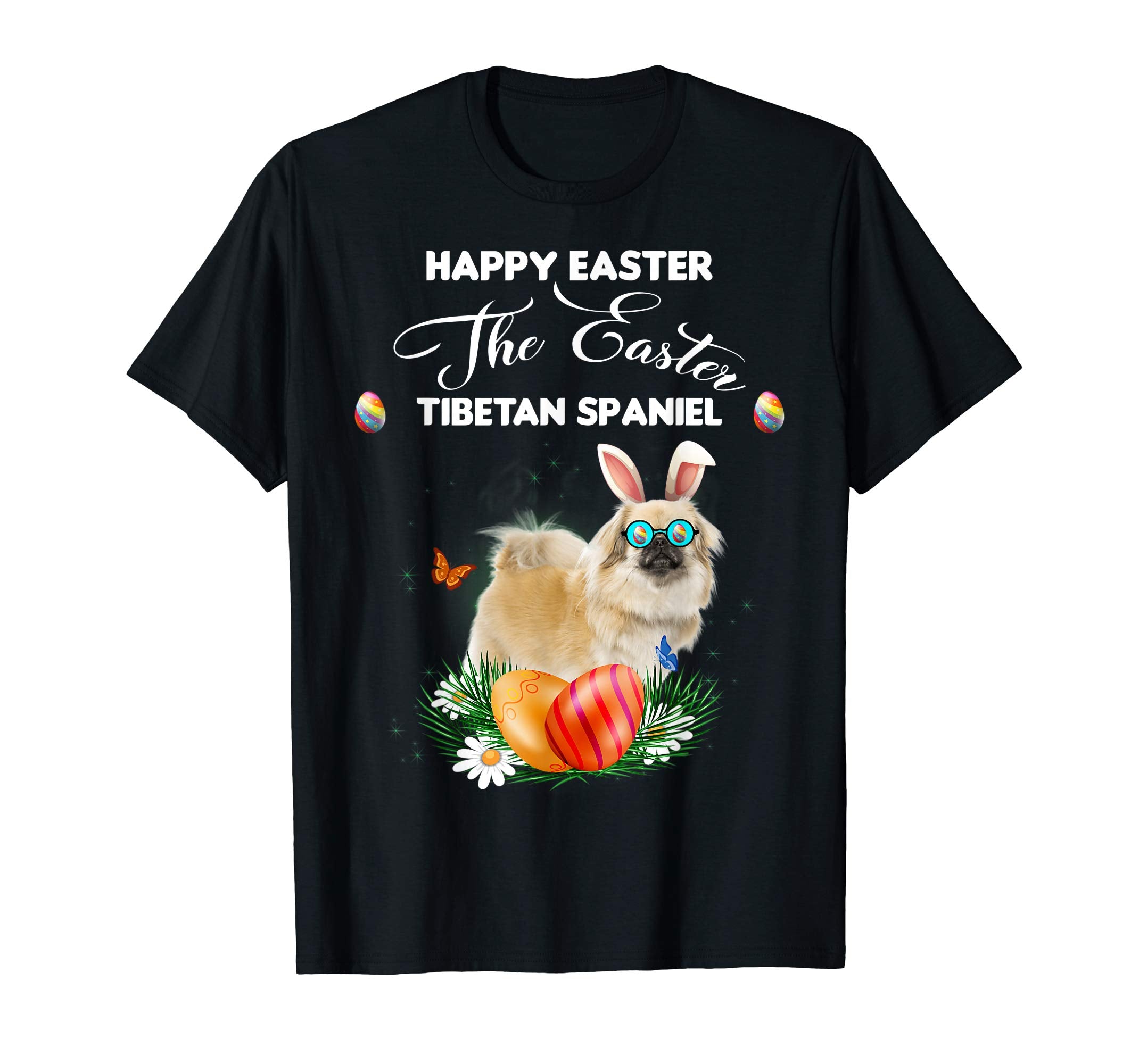 Tibetan Spaniel Dog Sunglass Bunny Happy Easter Day Tshirt
