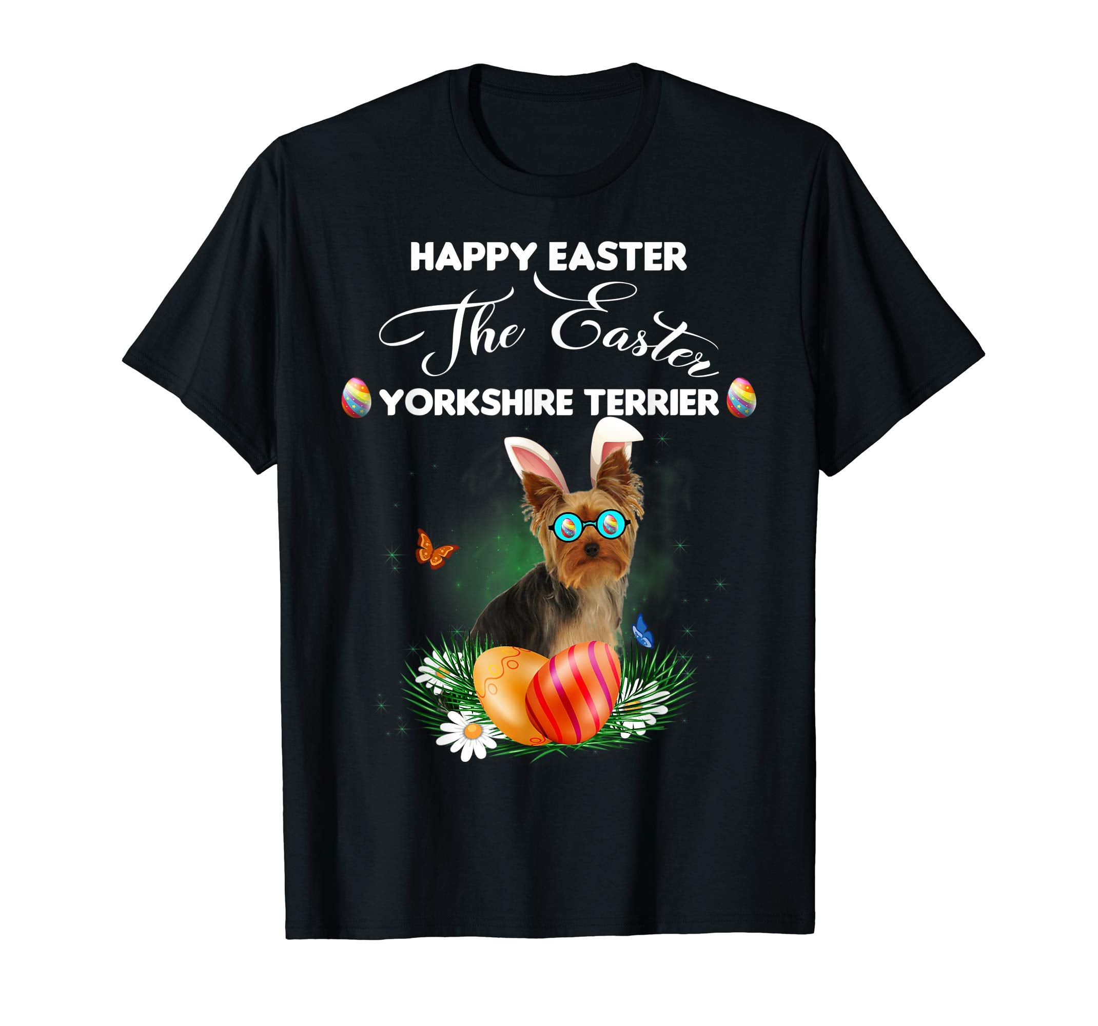 Yorkshire Terrier Dog Sunglass Bunny Happy Easter Day Tshirt