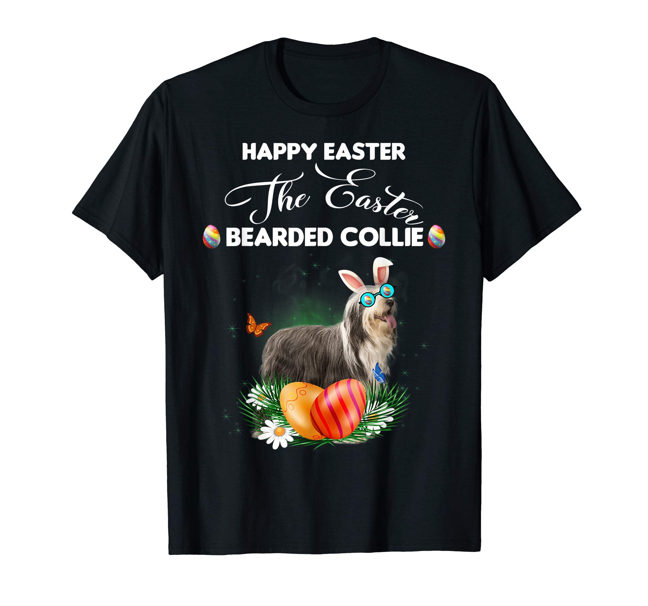 Bearded Collie Dog Sunglass Bunny Happy Easter Day Tshirt