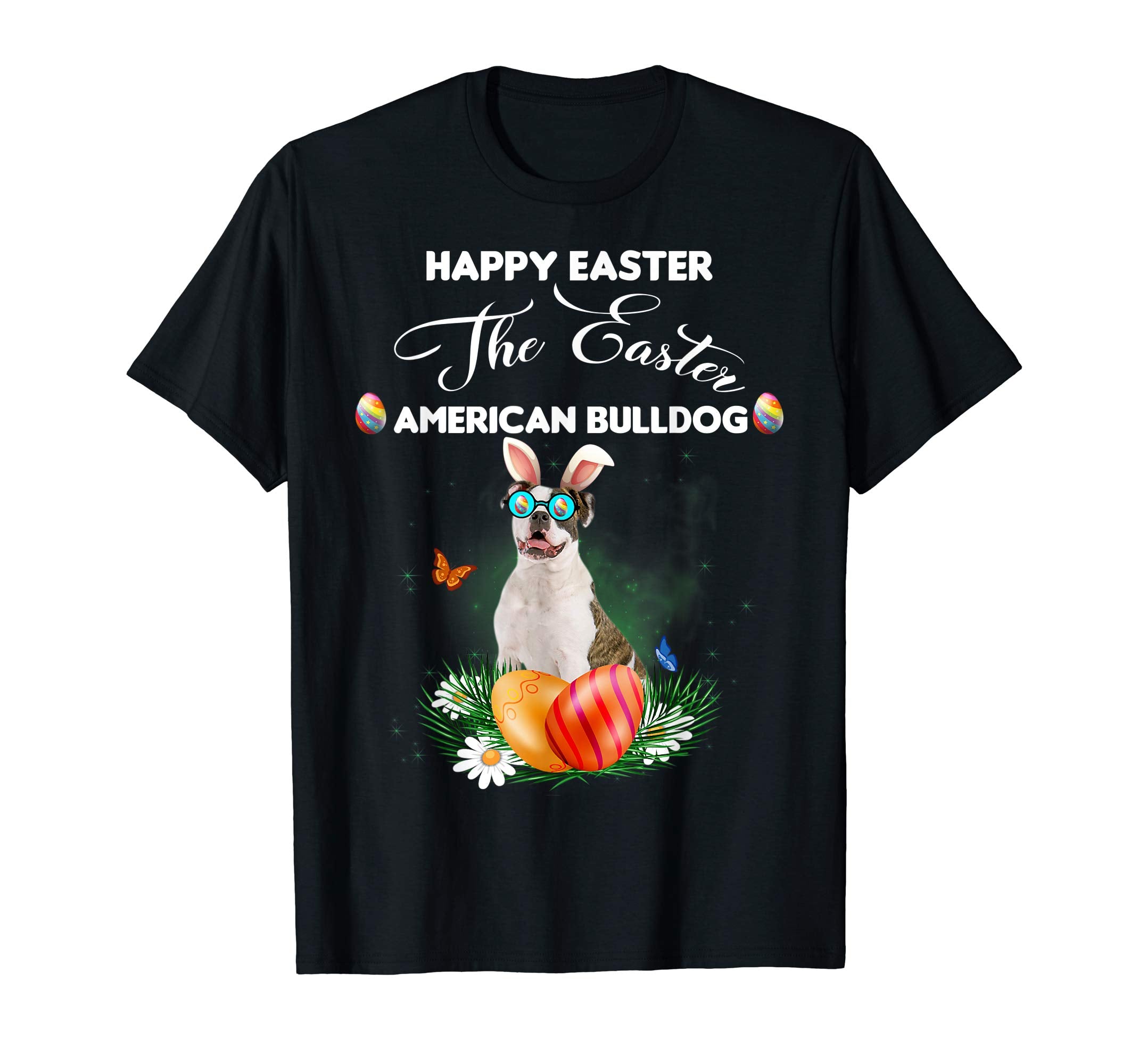 American Bulldog Dog Sunglass Bunny Happy Easter Day Tshirt