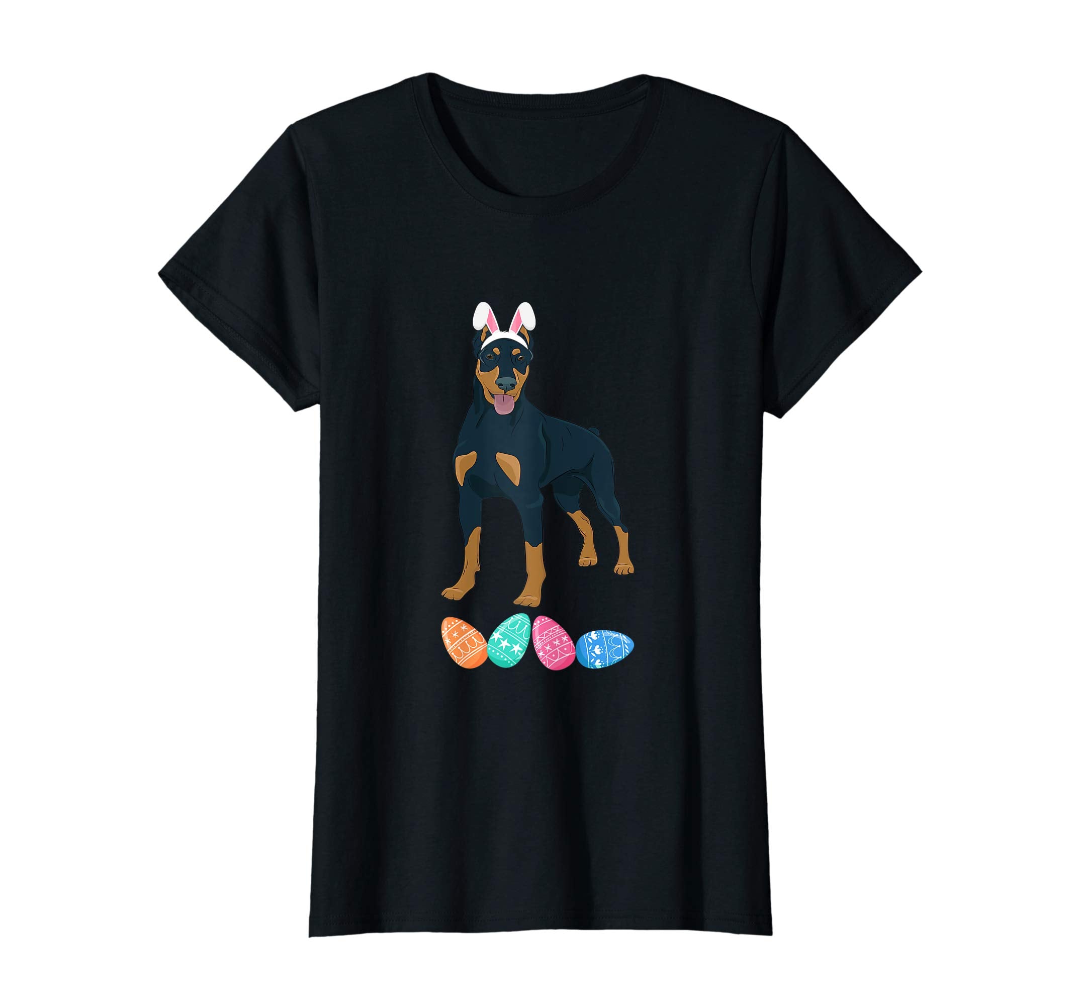 Funny Easter Doberman With Bunny Ears And Eggs T Shirt