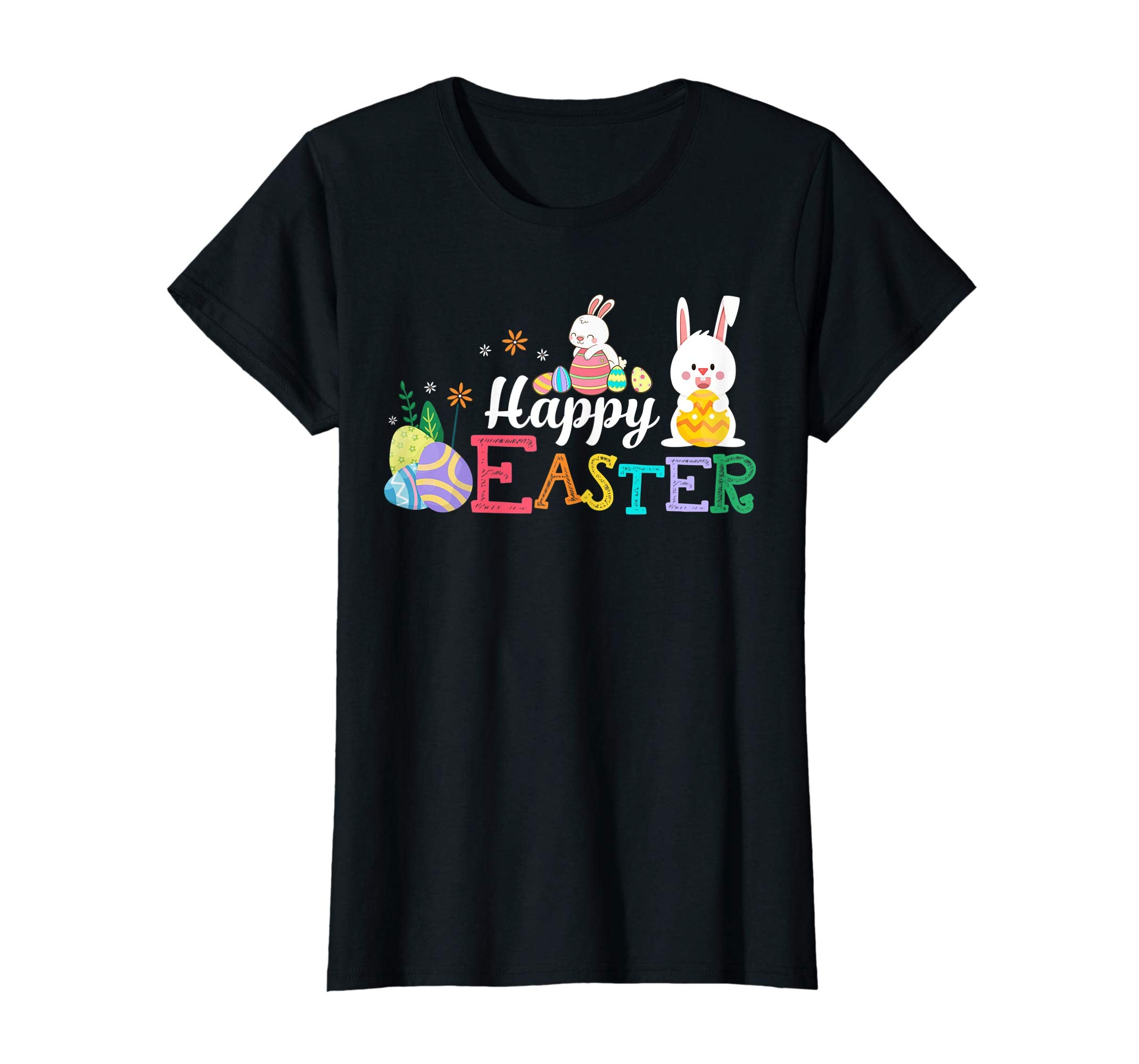 Happy Easter T-Shirt With Bunnies Flowers Eggs