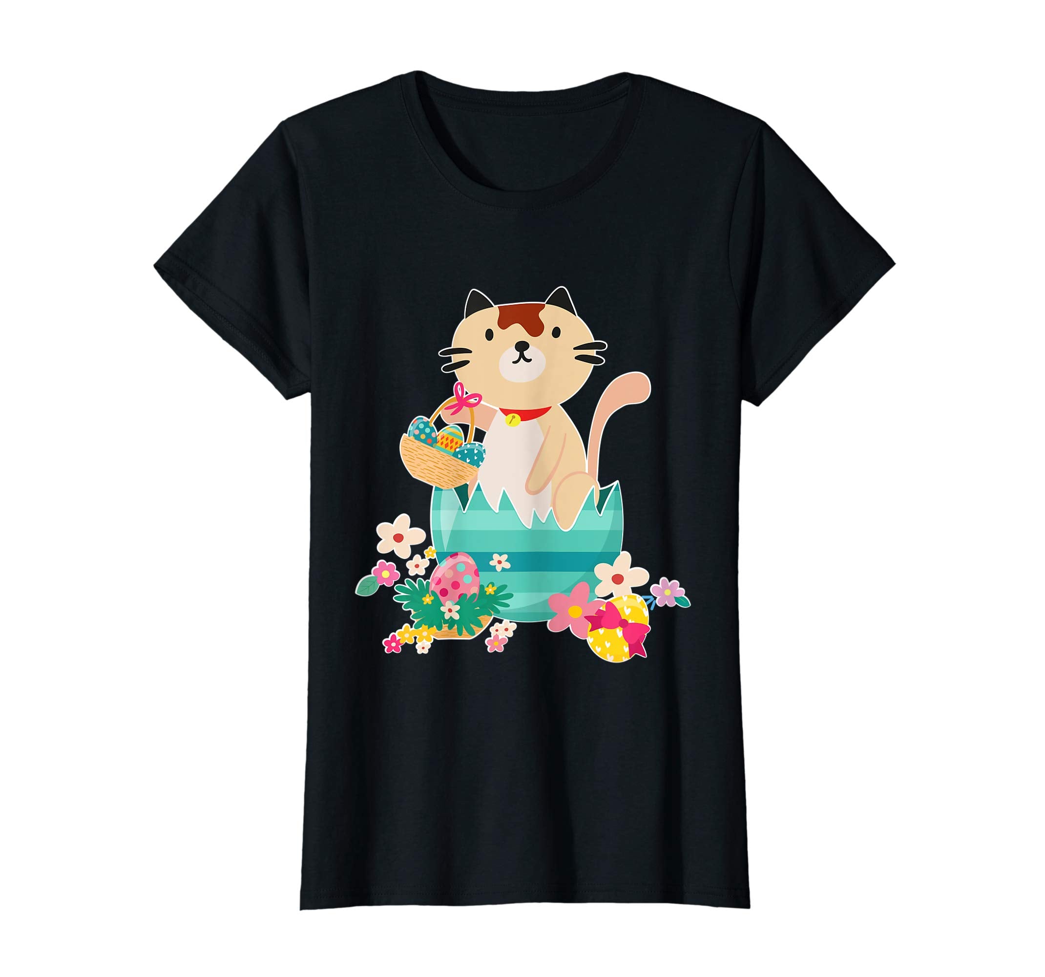 Cat Opening Big Egg &amp; Easter Eggs Basket Flowers Happy Shirt