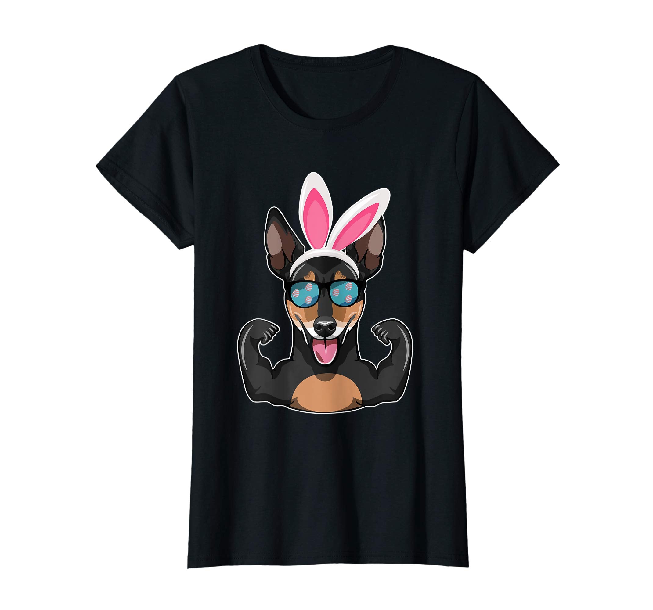 Strong Miniature Pinscher With Bunny Hat Happy Easter Shirt
