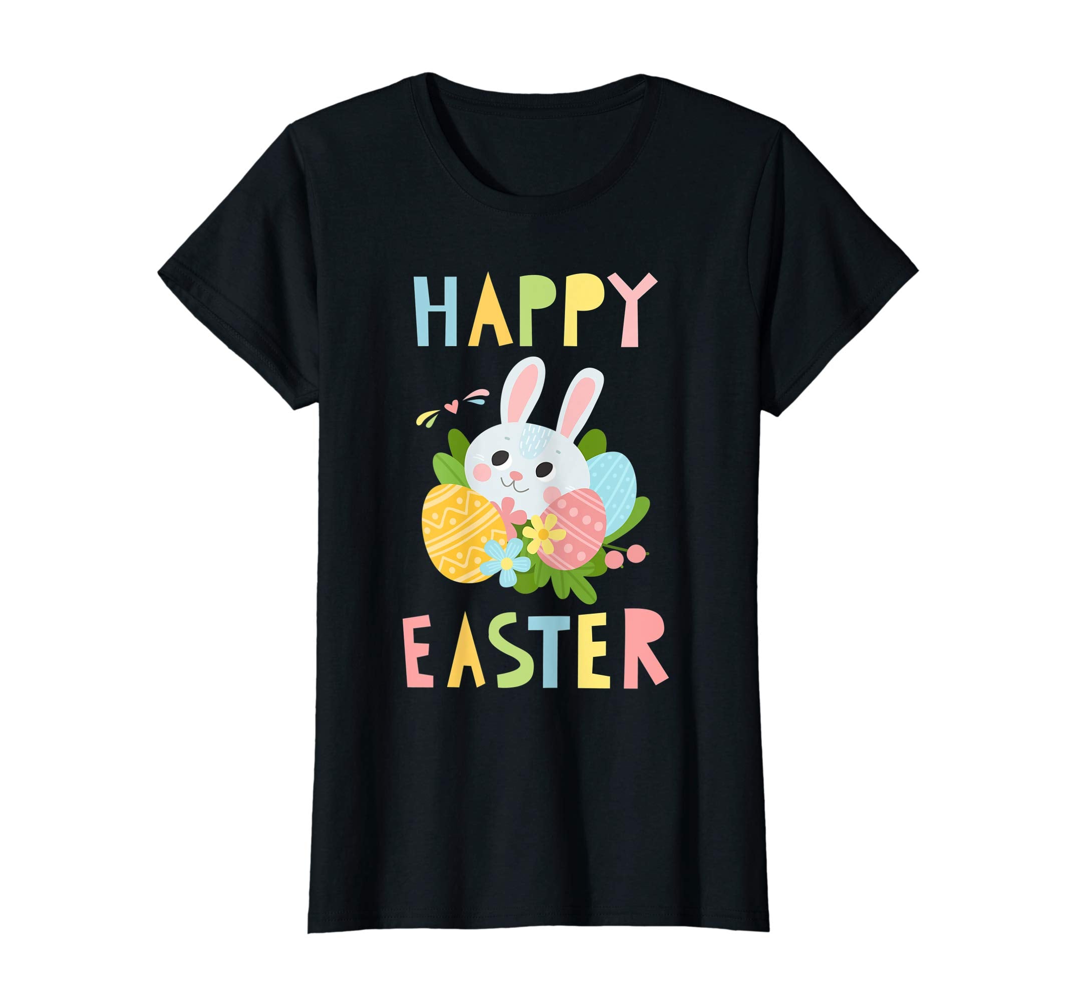 Happy Easter Shirts Women Colorful Eggs Cute Bunny Tee