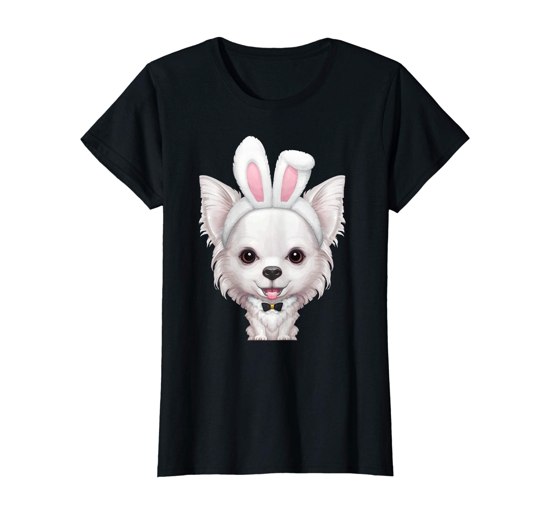 White Long Coat Chihuahua in Easter Bunny Costume T-Shirt