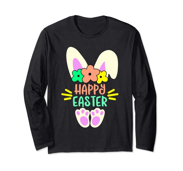 Happy Easter Bunny Rabbit Ears Paw Bow Long Sleeve Shirt