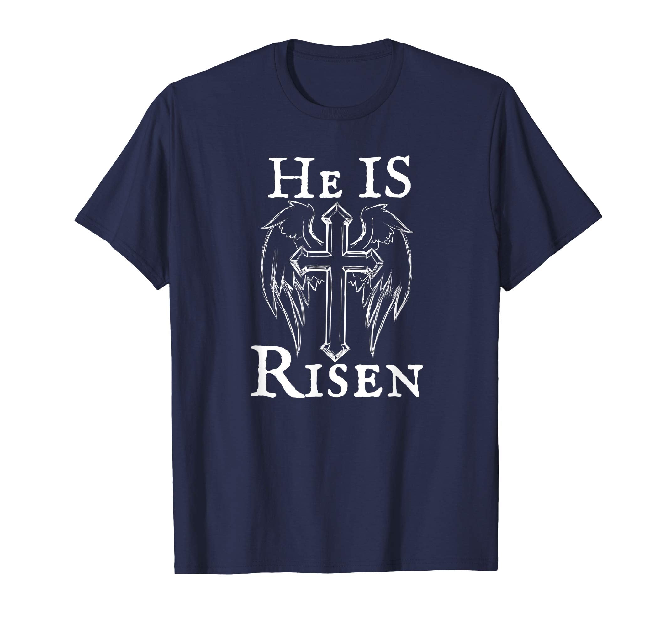 Christian Easter He Is Risen Tshirt Cross and Angel Wings