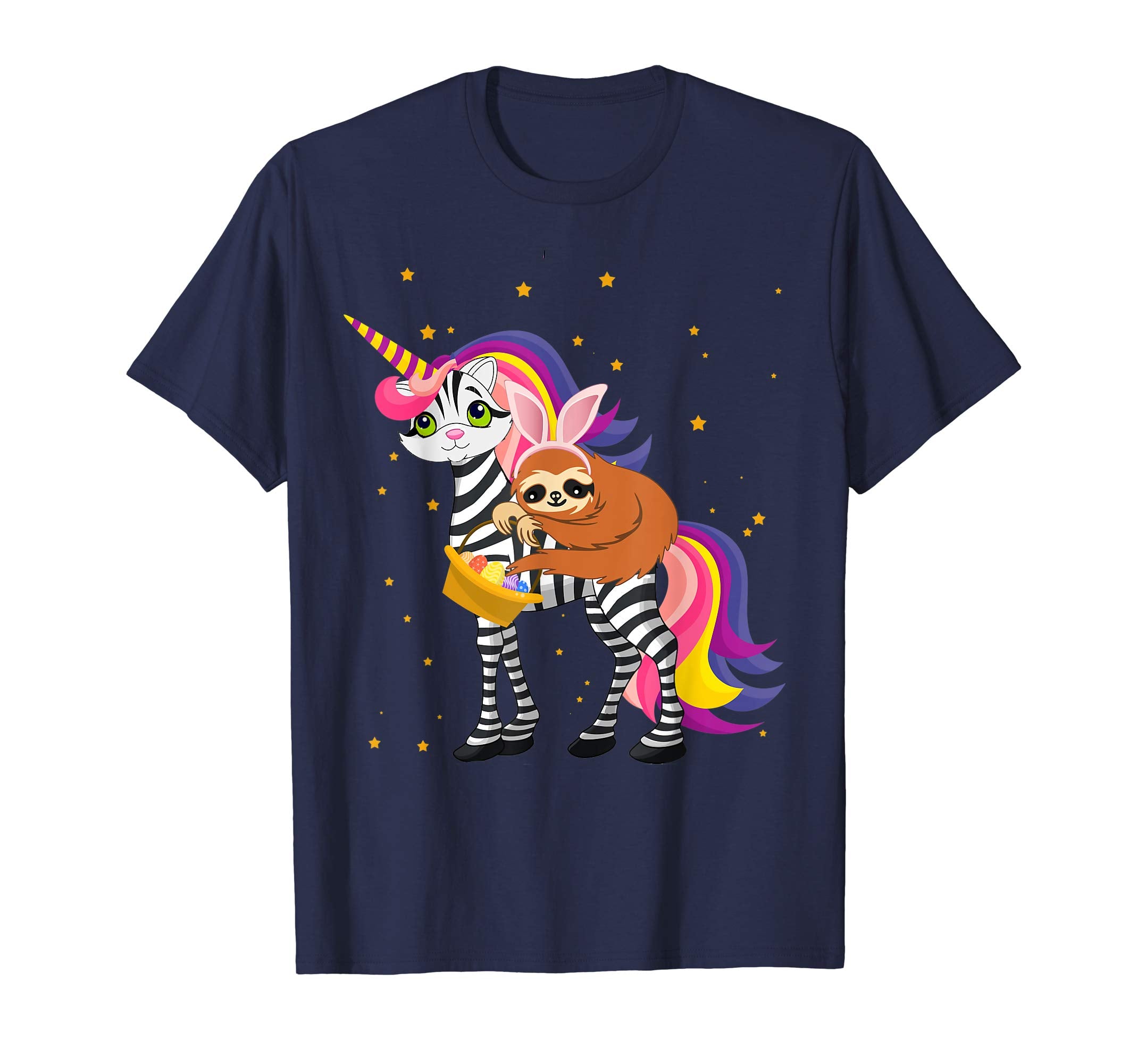 Egg Basket Easter Sloth Riding A Zebra Cat Unicorn Shirt
