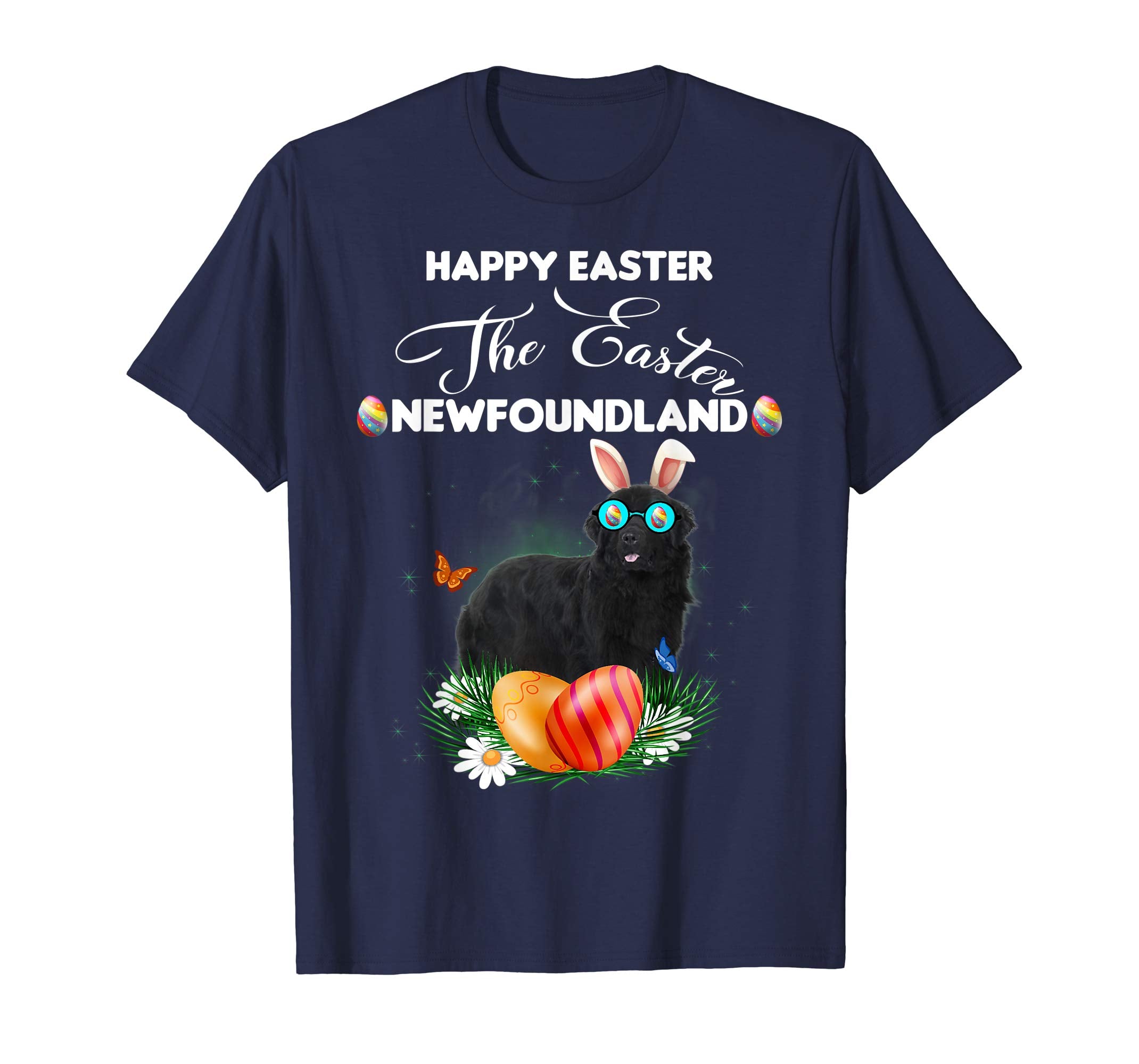 Newfoundland Dog Sunglass Bunny Happy Easter Day Tshirt
