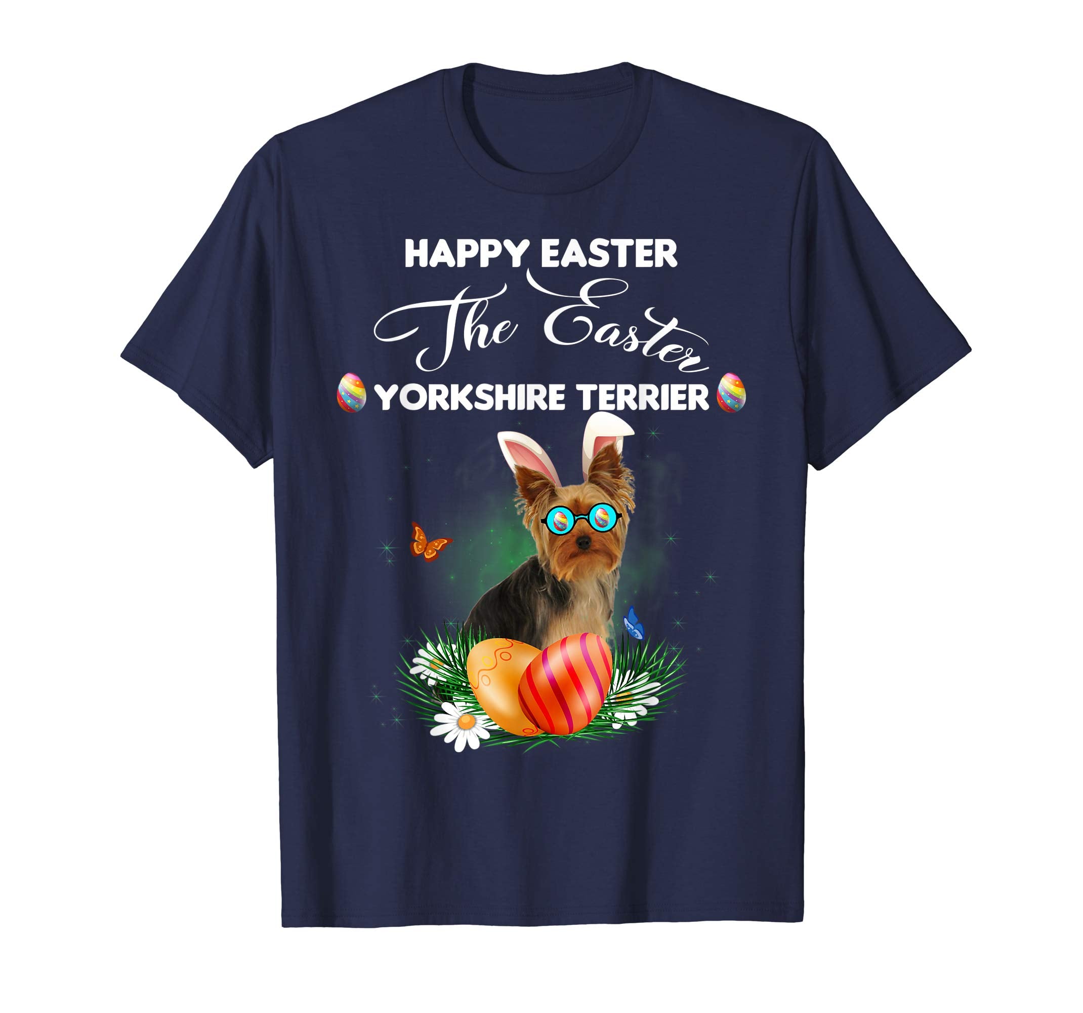 Yorkshire Terrier Dog Sunglass Bunny Happy Easter Day Tshirt