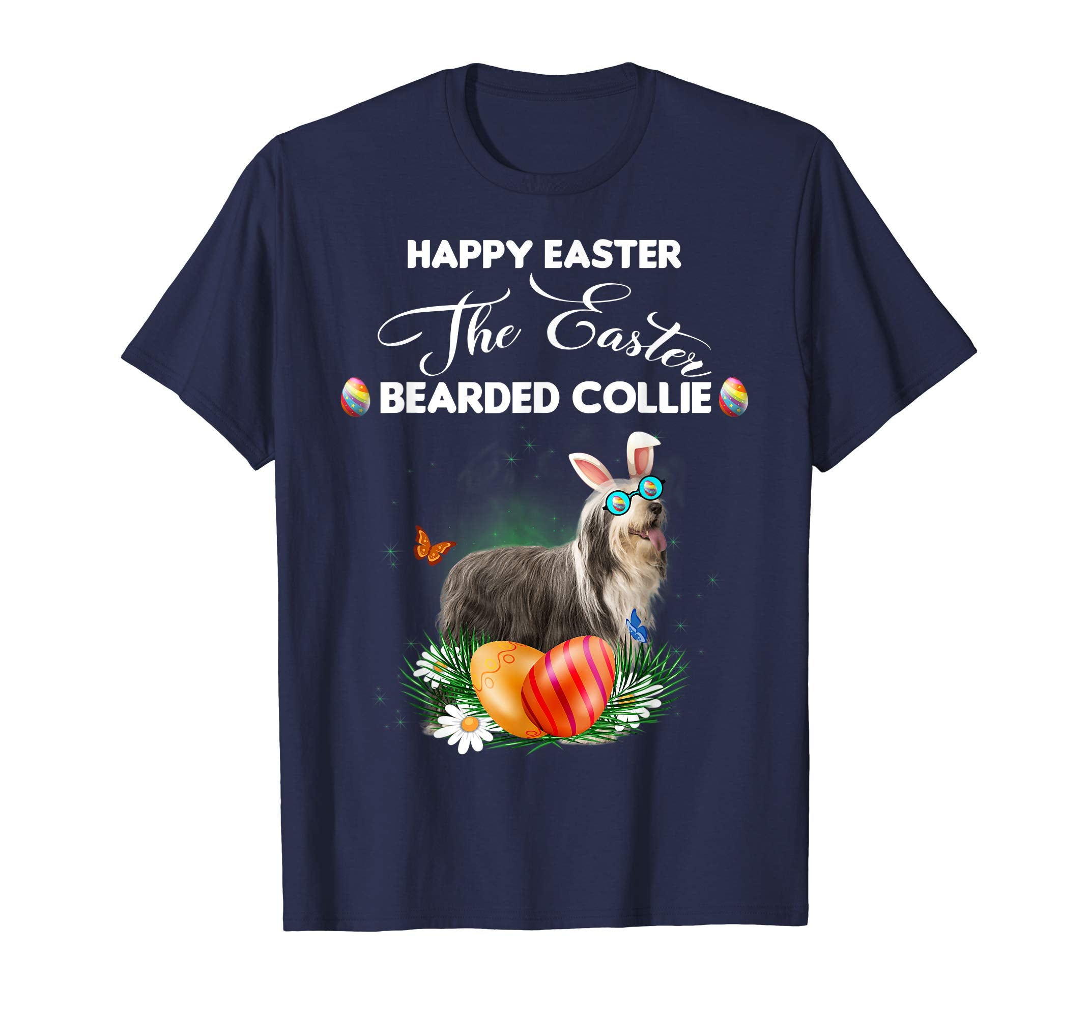 Bearded Collie Dog Sunglass Bunny Happy Easter Day Tshirt