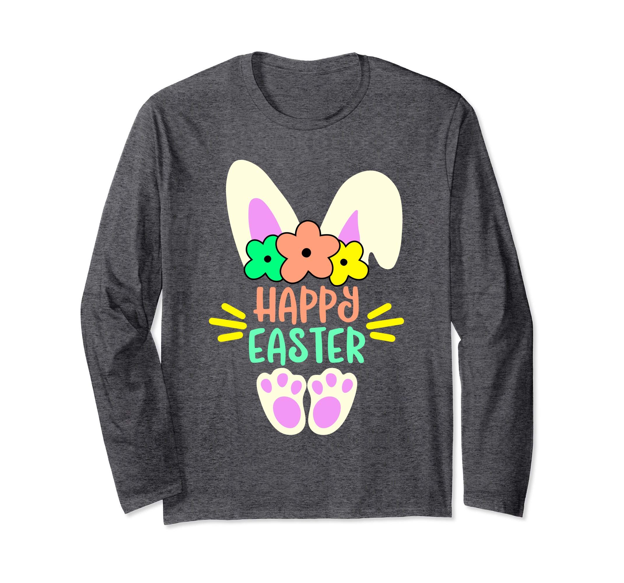 Happy Easter Bunny Rabbit Ears Paw Bow Long Sleeve Shirt