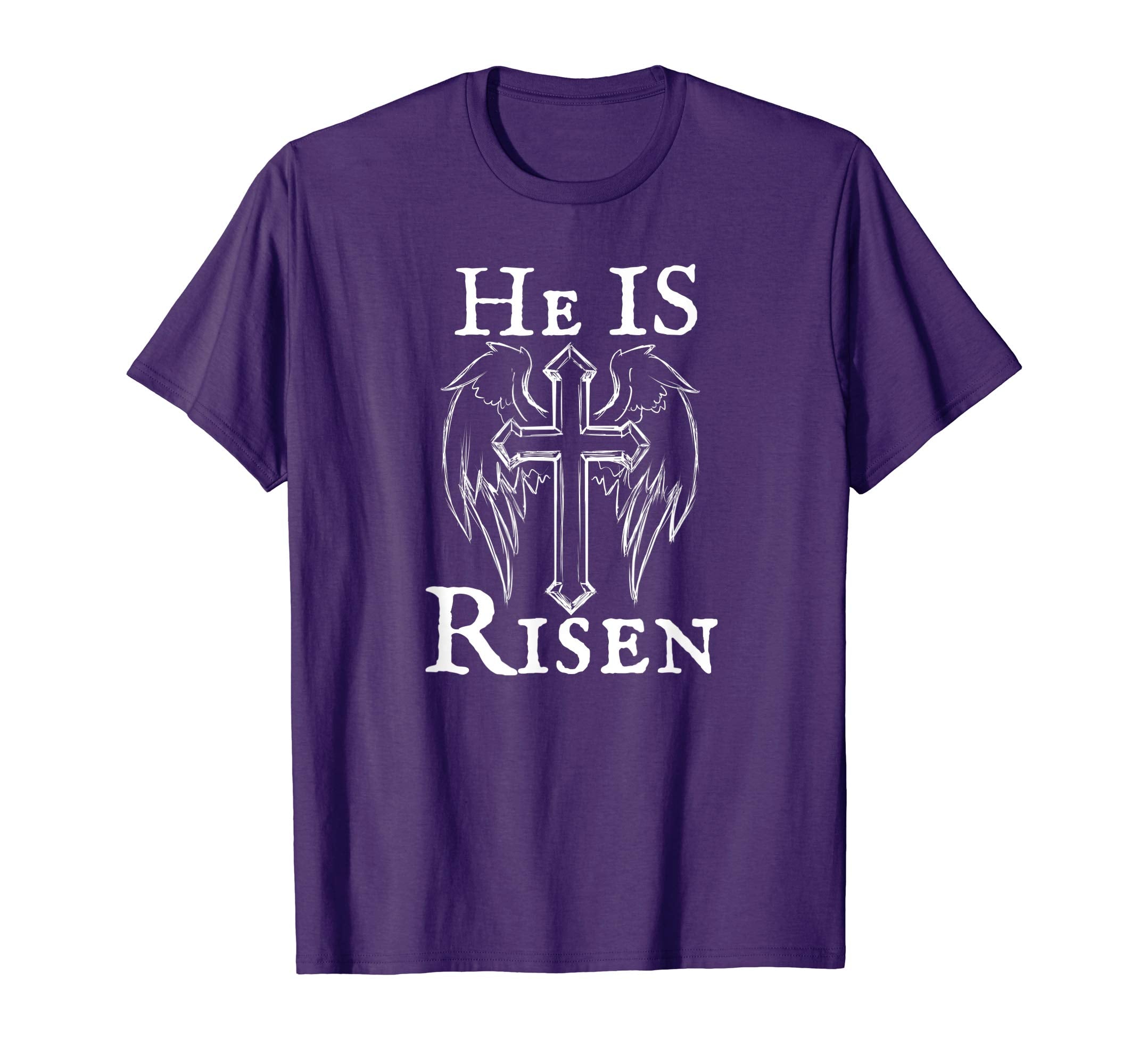 Christian Easter He Is Risen Tshirt Cross and Angel Wings