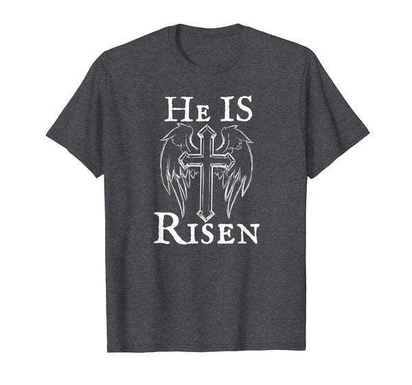 Christian Easter He Is Risen Tshirt Cross and Angel Wings