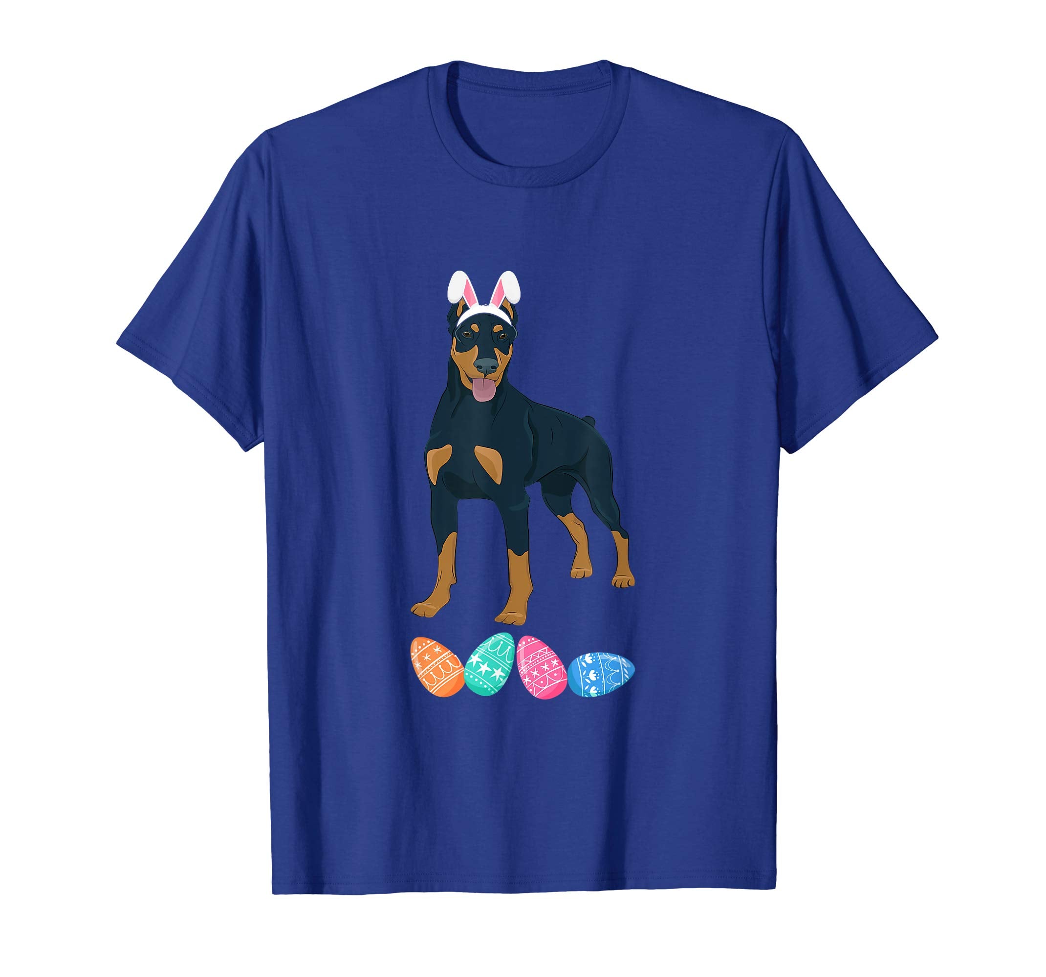 Funny Easter Doberman With Bunny Ears And Eggs T Shirt