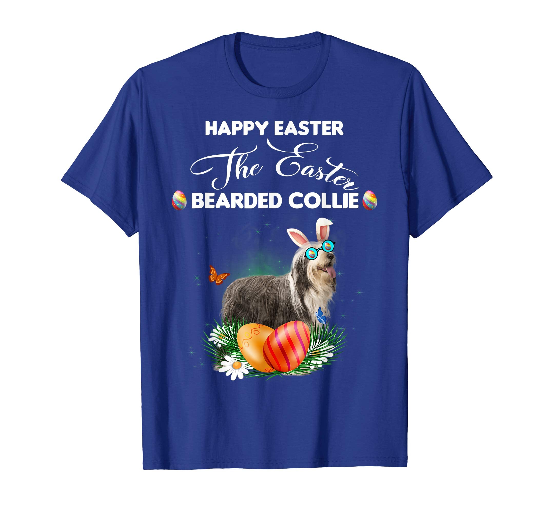 Bearded Collie Dog Sunglass Bunny Happy Easter Day Tshirt
