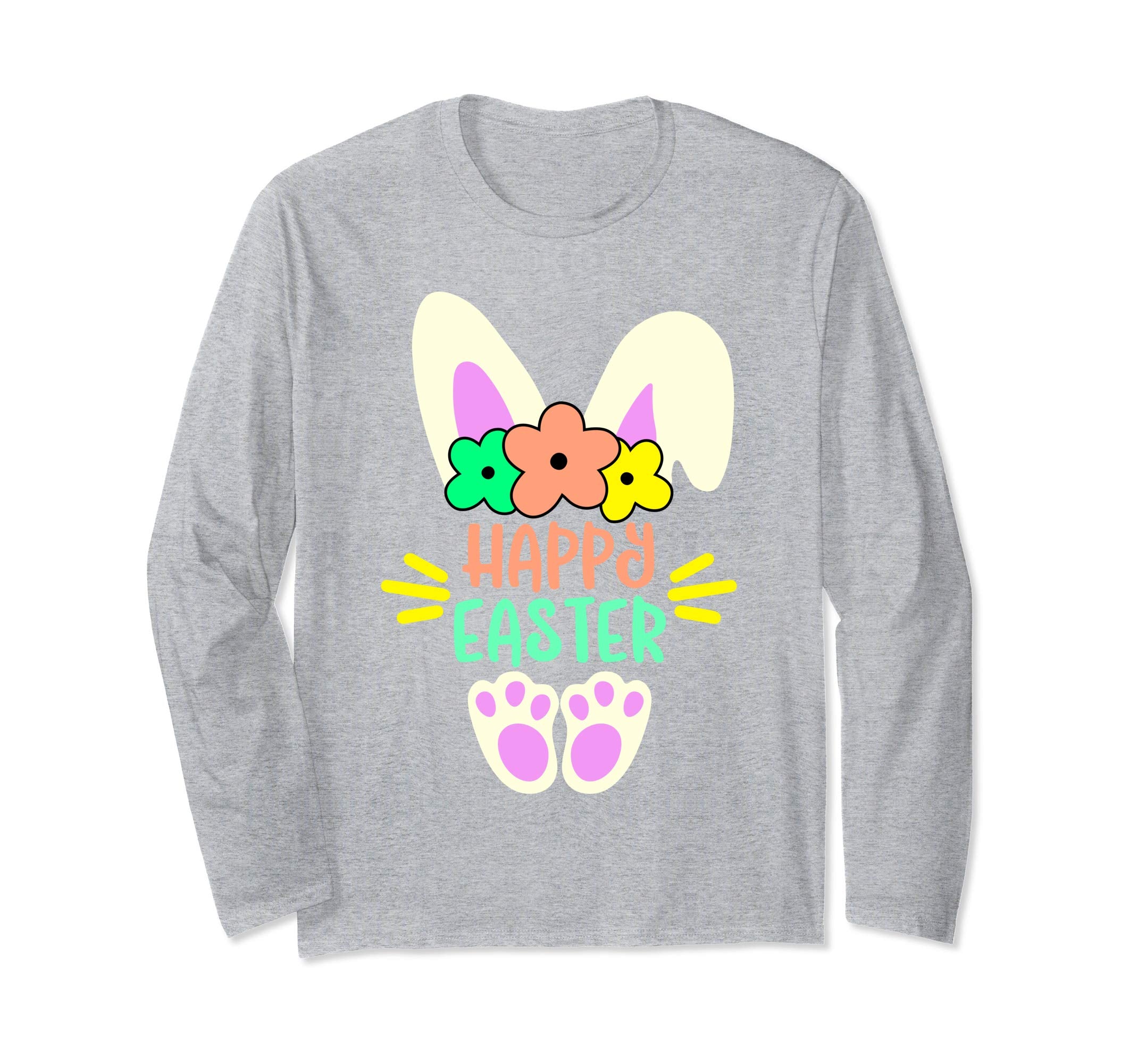 Happy Easter Bunny Rabbit Ears Paw Bow Long Sleeve Shirt