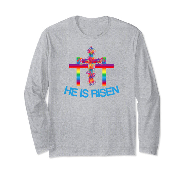 Christian Easter Longsleeve Shirt Rainbow Cross-He Is Risen