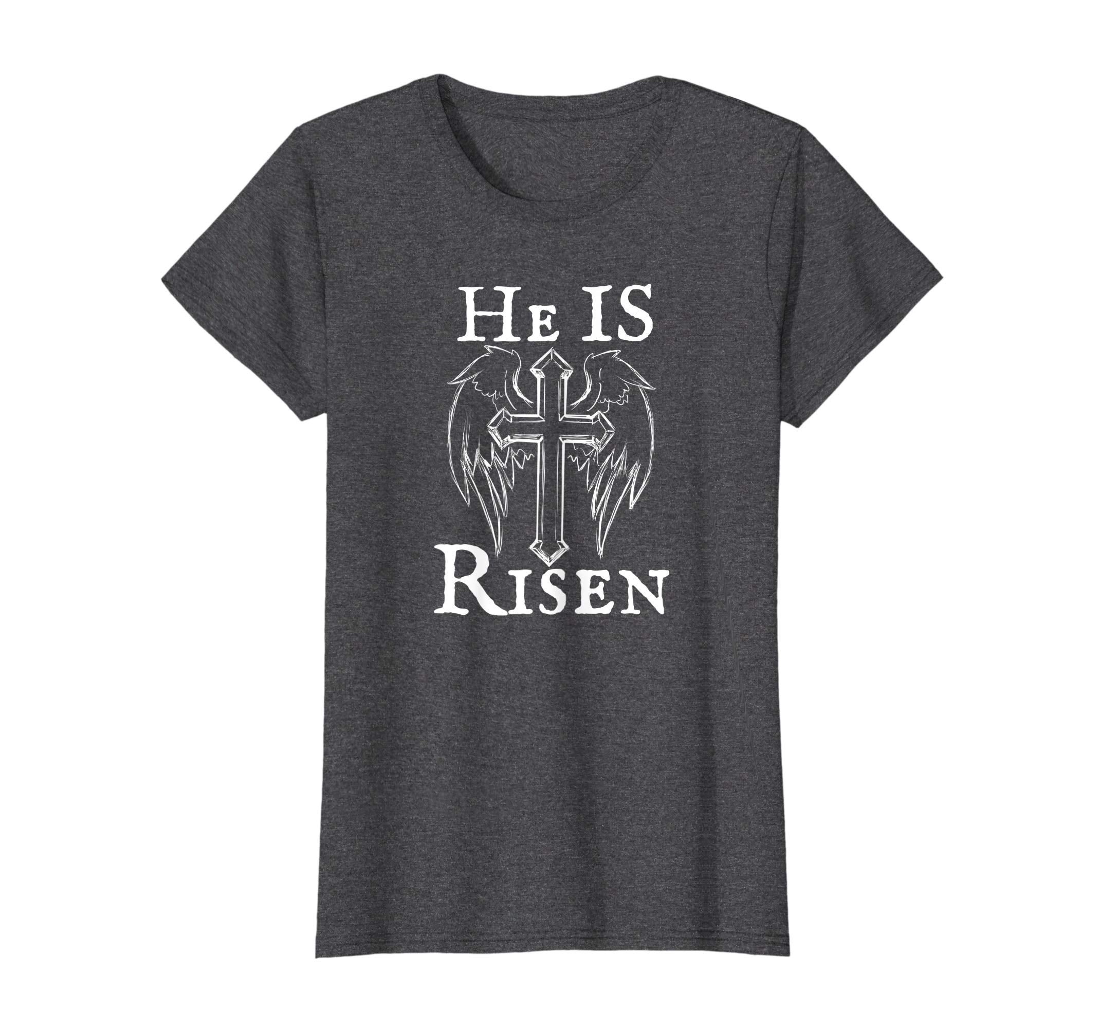 Christian Easter He Is Risen Tshirt Cross and Angel Wings
