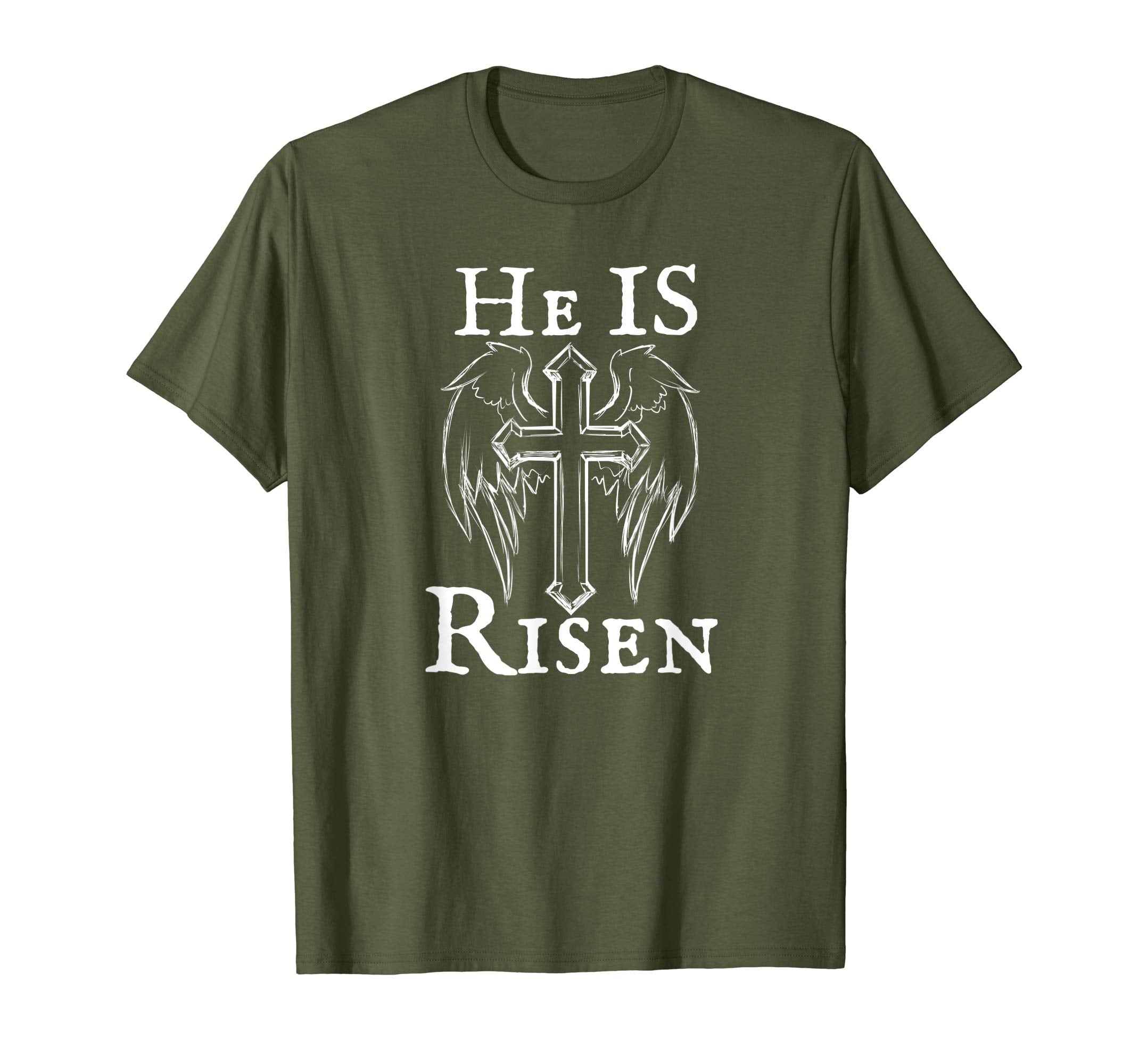 Christian Easter He Is Risen Tshirt Cross and Angel Wings