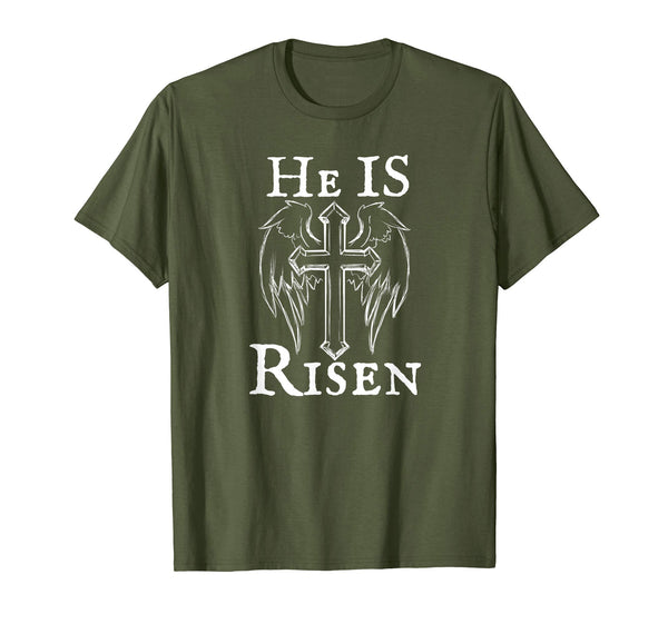 Christian Easter He Is Risen Tshirt Cross and Angel Wings
