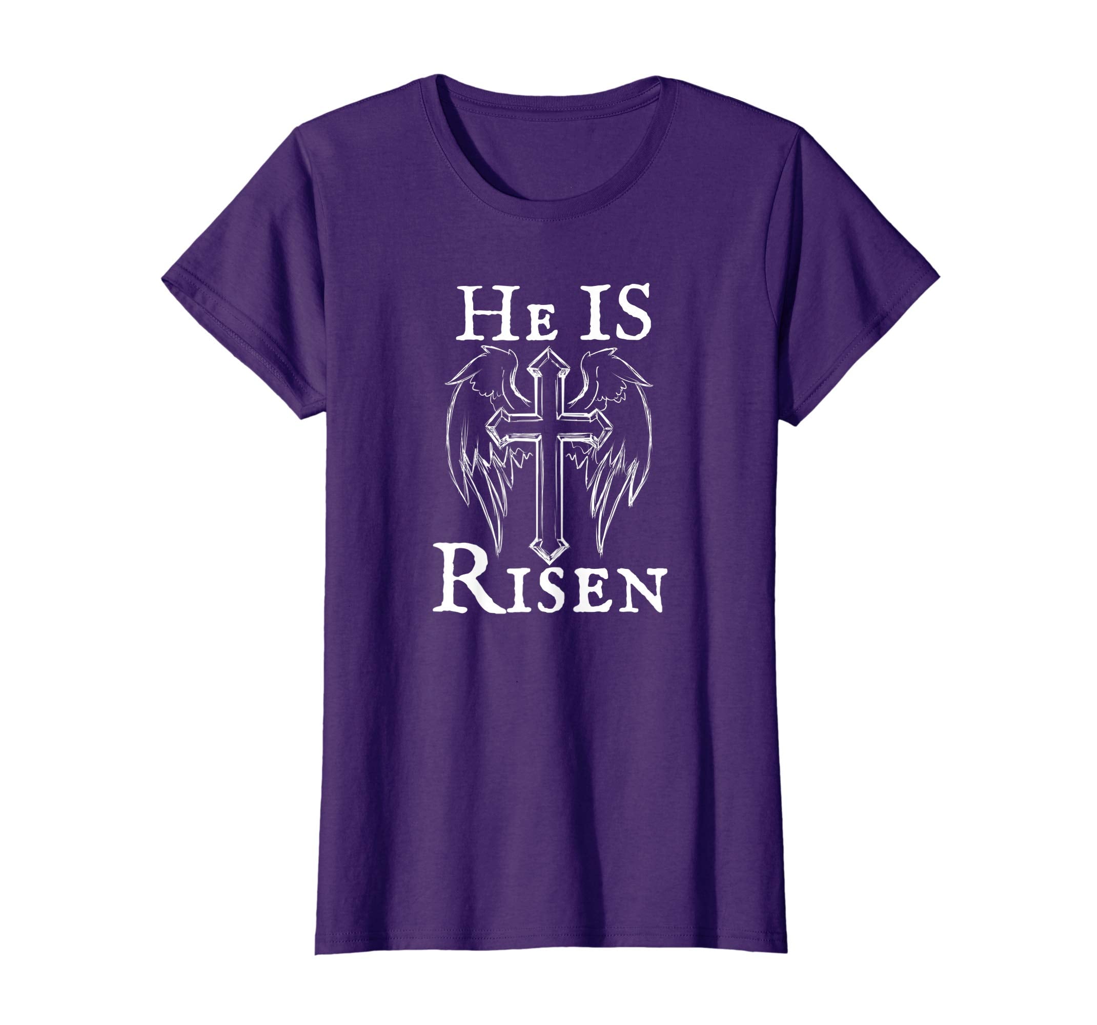 Christian Easter He Is Risen Tshirt Cross and Angel Wings