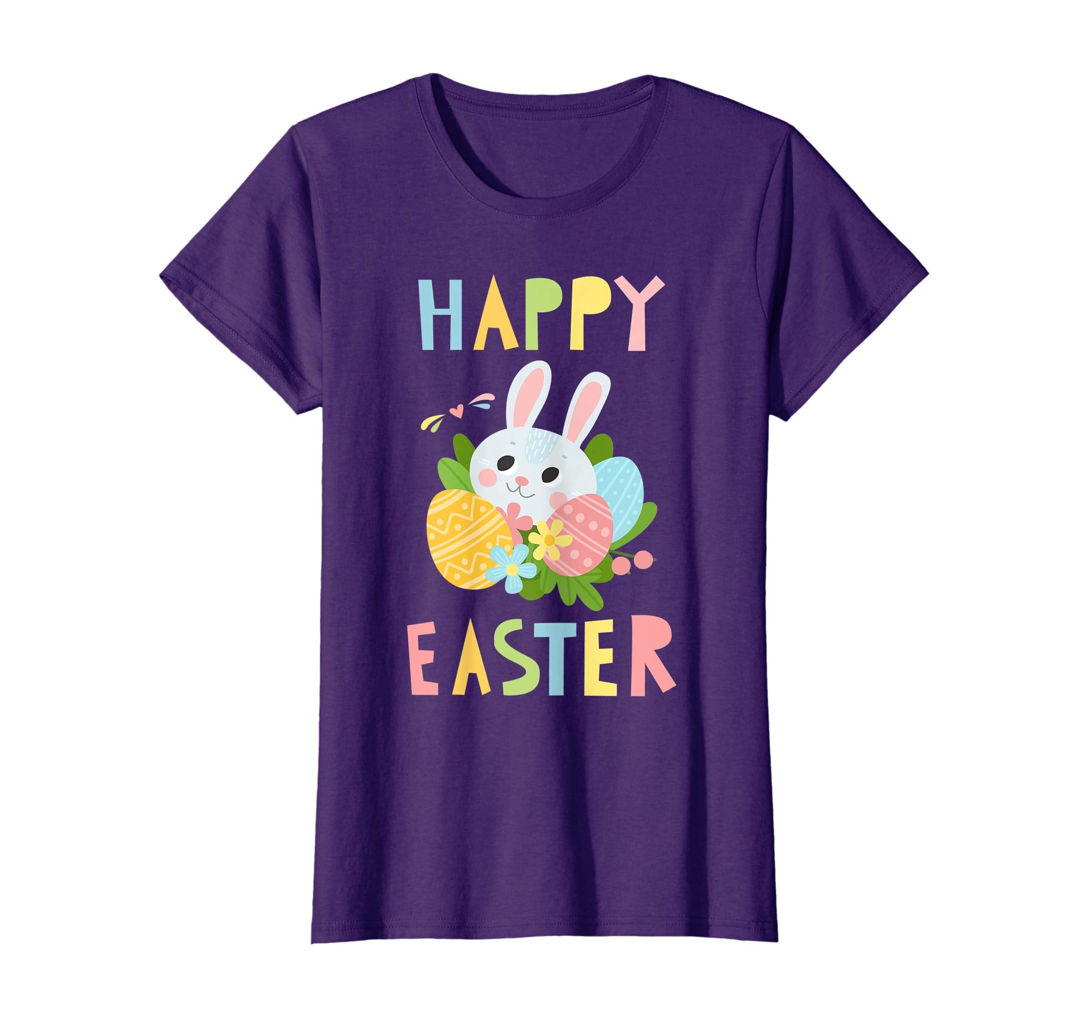 Happy Easter Shirts Women Colorful Eggs Cute Bunny Tee